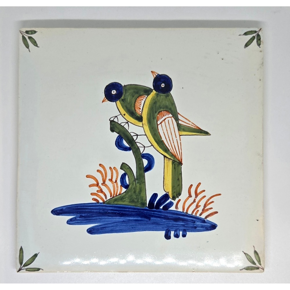 Vintage Geo Martel Tile w/ 2 Green/Yellow Birds, Made in Desvres, France